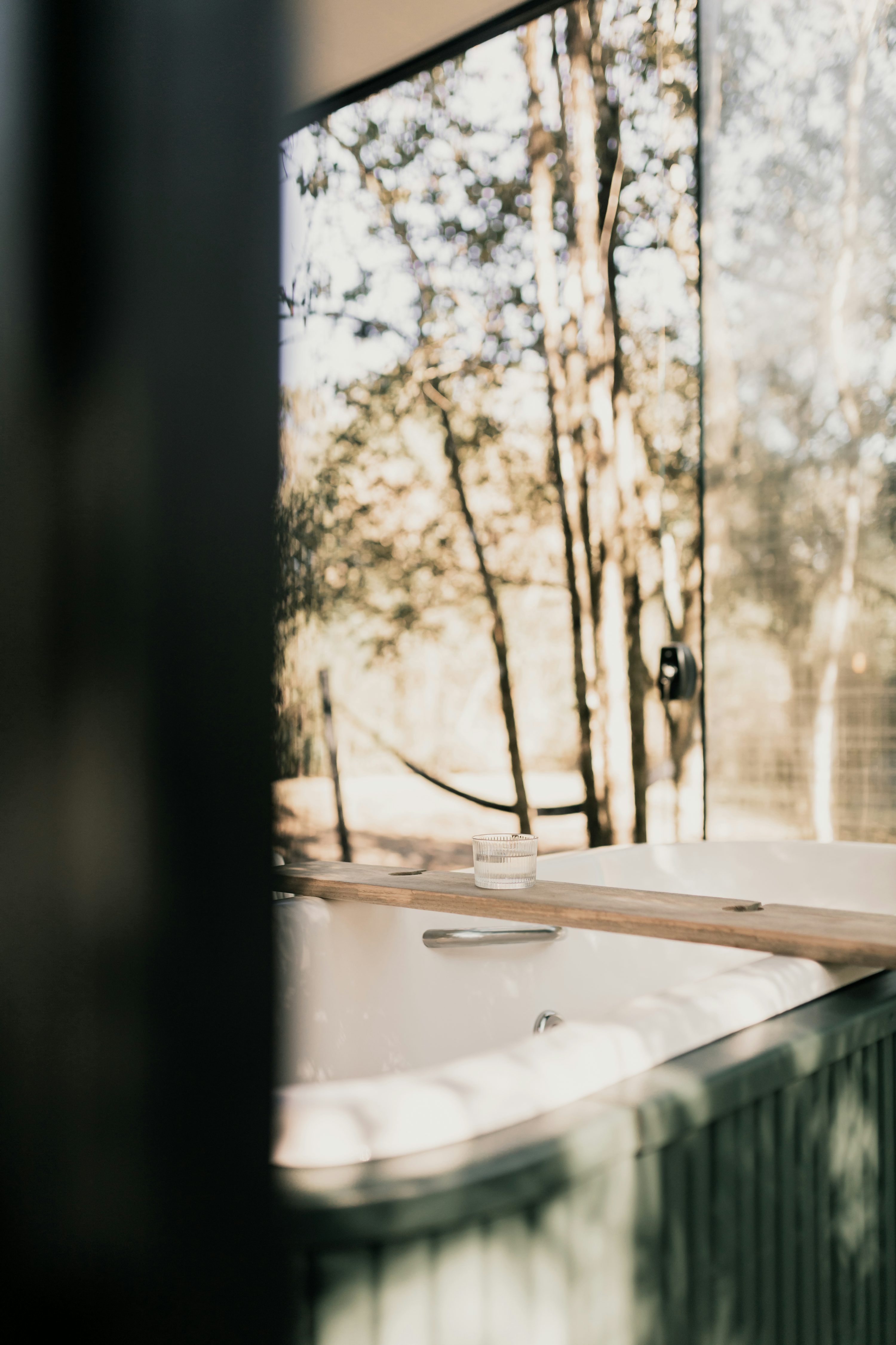 A bathtub reflected in a bathroom mirror with trees beyond it.