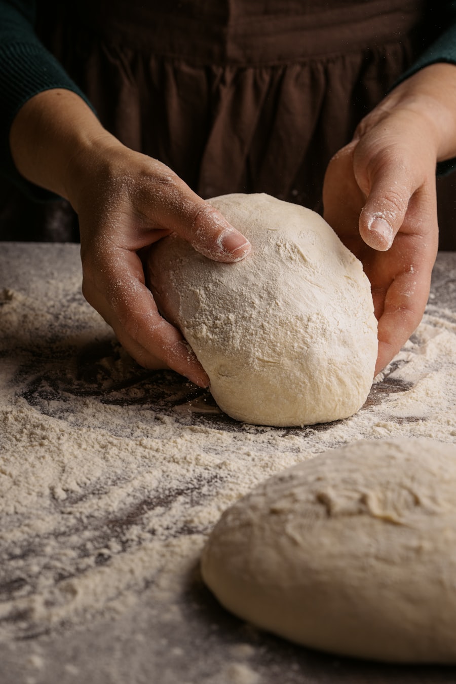 Floured hands folding a round of bread dough on a wooden surface.
